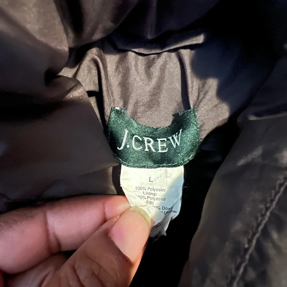 J.Crew Womens Brown Chevron Quilted Down Puffer Vest Large Stand Collar Zip Snap